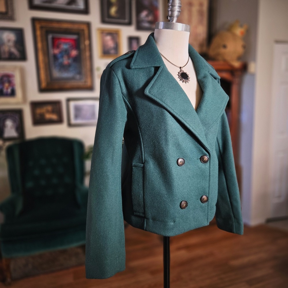 Love Tree Teal Green Double Breasted Pea Cropped Coat Jacket Suit Blazer Medium